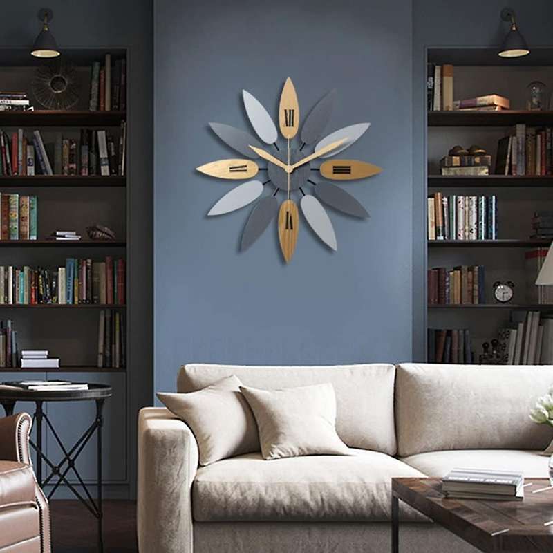 Large Modern Wall Clock 20 Inch Art Wall Clock, Leaf Shape Silent Quartz Movement Wall Clock for Dec