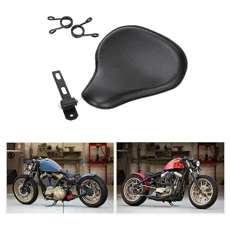 Leather Motorcycle Solo Seat Spring Bracket Seat for -Black