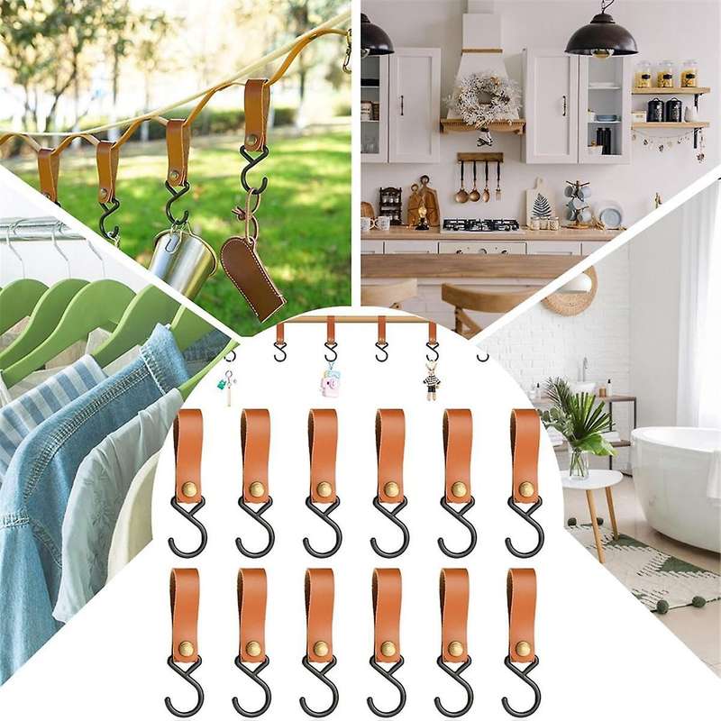Leather Hooks for Clothes Rail, Multifunctional Hook with Leather Loop,Camping Hooks,Clothes Hooks f