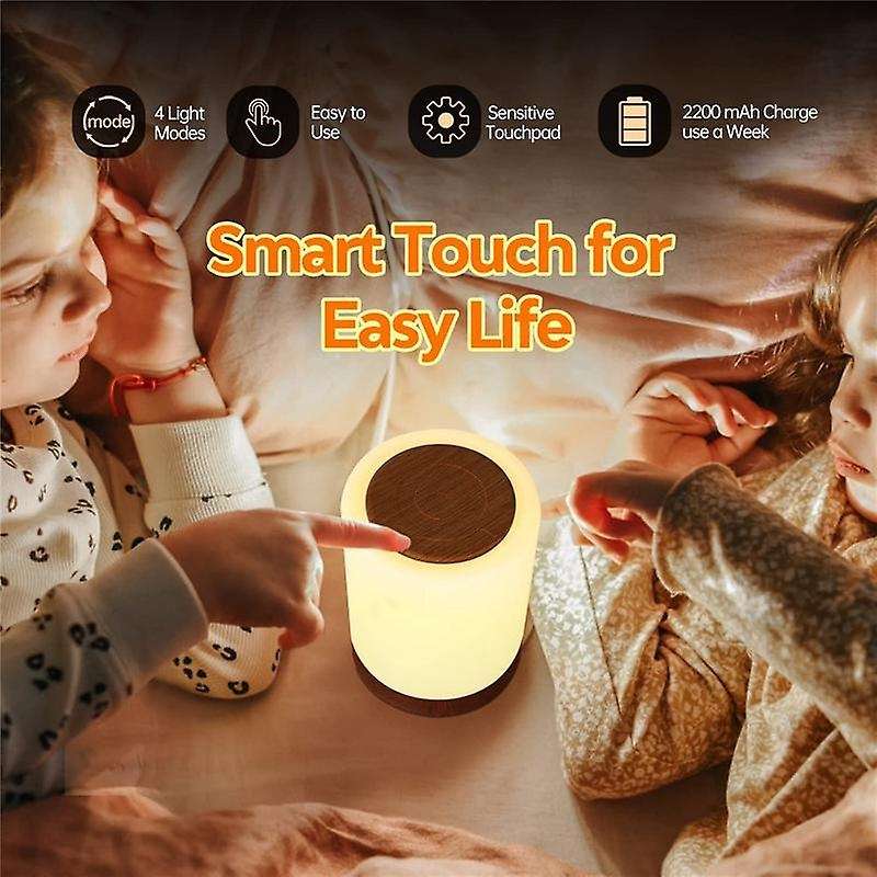 Led Bedside Lamp Touch Dimmable with 7 Colours and 4 Modes Wood Grain Night Light Usb Rechargeable