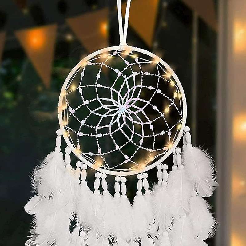 LED Catcher Wall Decor White Boho Woven Art Ornament Handmade Gift for Kids Home Bedroom Hanging Cra