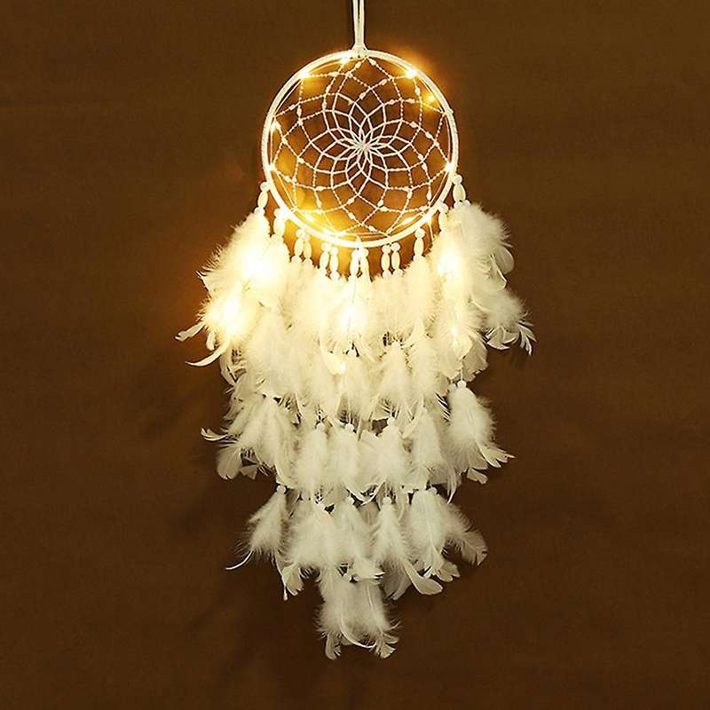 LED Catcher Wall Decor White Boho Woven Art Ornament Handmade Gift for Kids Home Bedroom Hanging Cra
