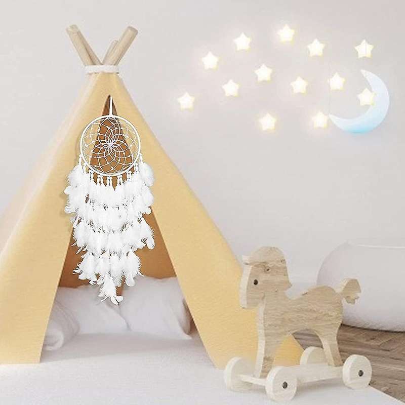 LED Catcher Wall Decor White Boho Woven Art Ornament Handmade Gift for Kids Home Bedroom Hanging Cra