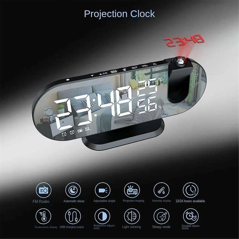 Led Digital Alarm Clock Bedroom Electric Alarm Clock with Projection Fm Radio Time Projector Bedroom