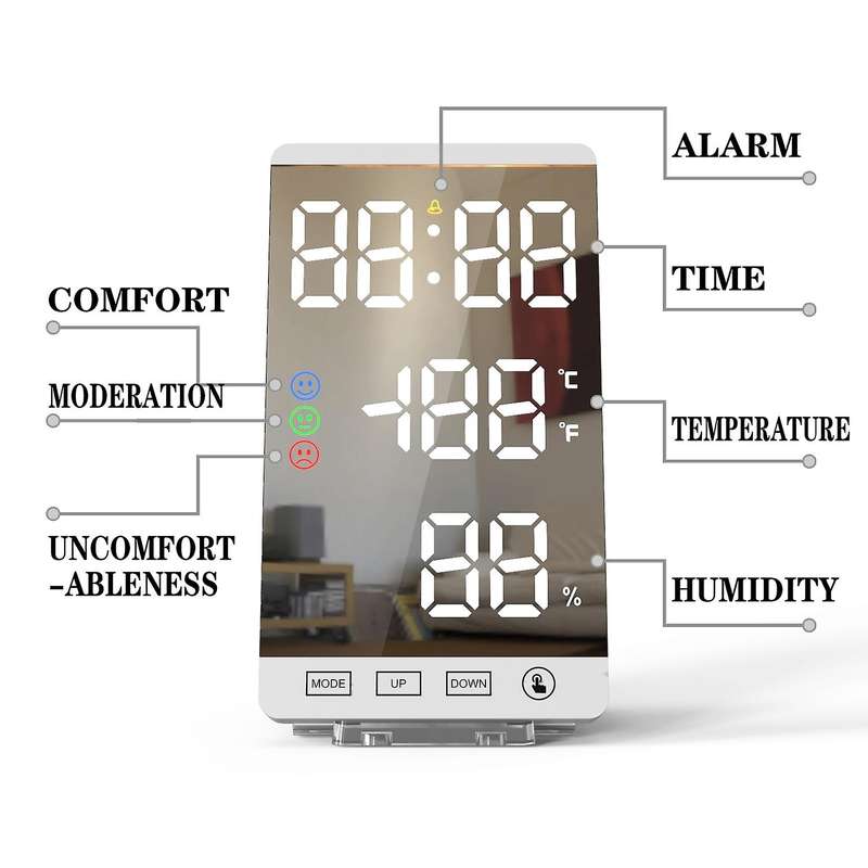 LED Digital Mirror Alarm Clock Press Button Clock LCD Temperature Humidity Display USB Output Port T