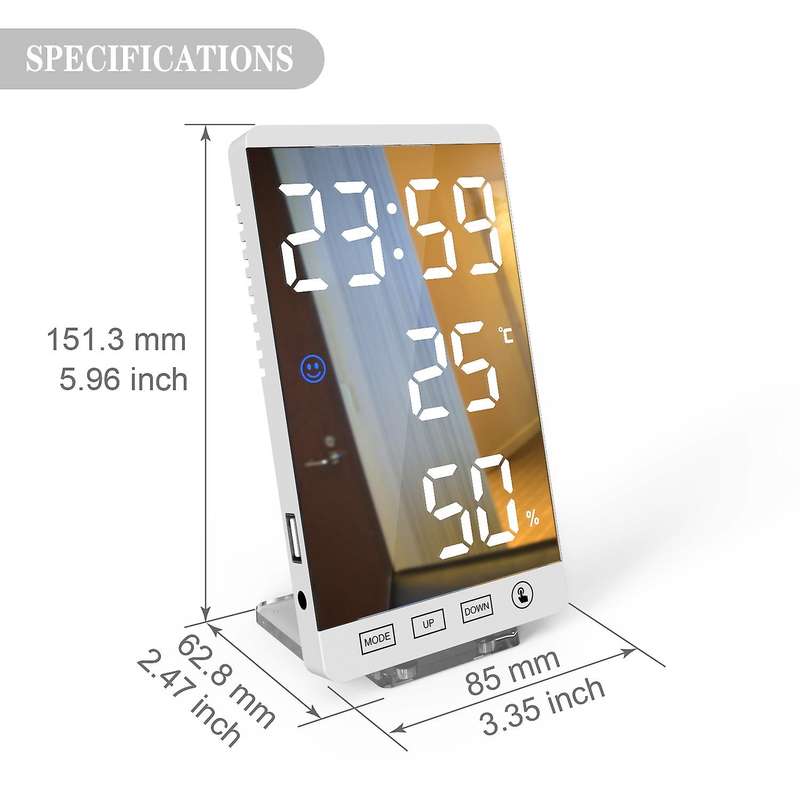 LED Digital Mirror Alarm Clock Press Button Clock LCD Temperature Humidity Display USB Output Port T