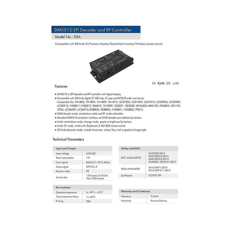 Led Dmx512 to Spi Decoder Dmx Converter 1024 Dots Ttl Pixel Controller Support 6803/8806/2811/ 2812/