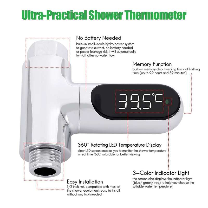 LED Display Home Water Shower Thermometer Flow Self-Generating Electricity Water Temperature Meter M