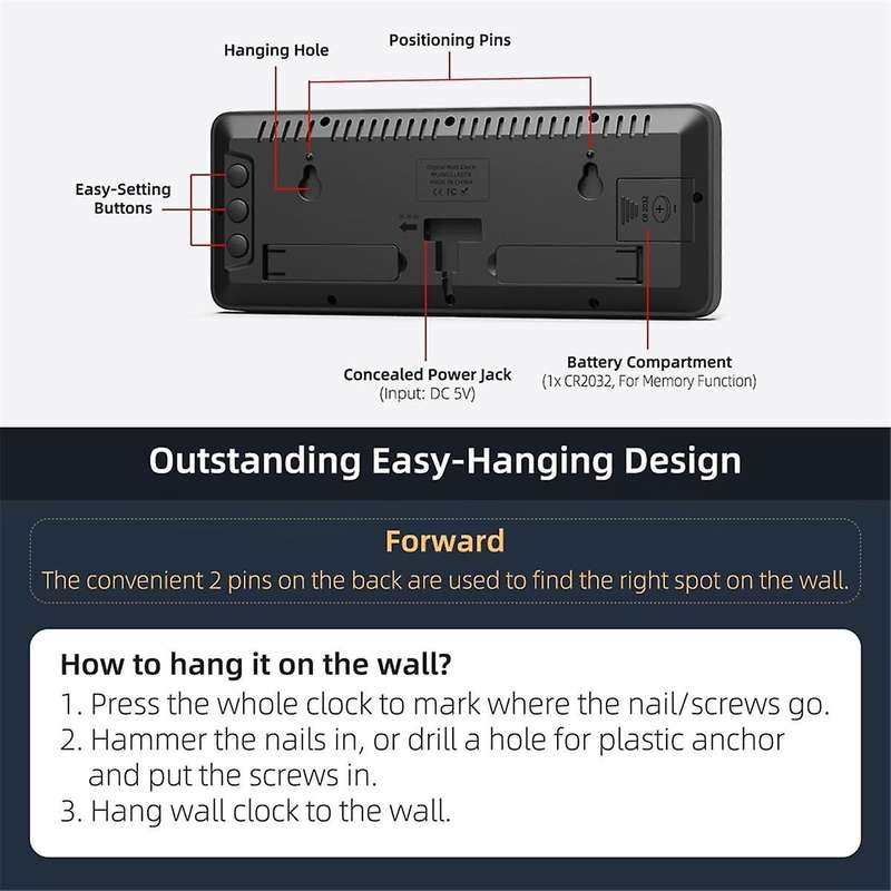 LED Digital Wall Clock with Large Display Digits, Auto-Dimming, 12/24Hr Format, Modern Electric Smal