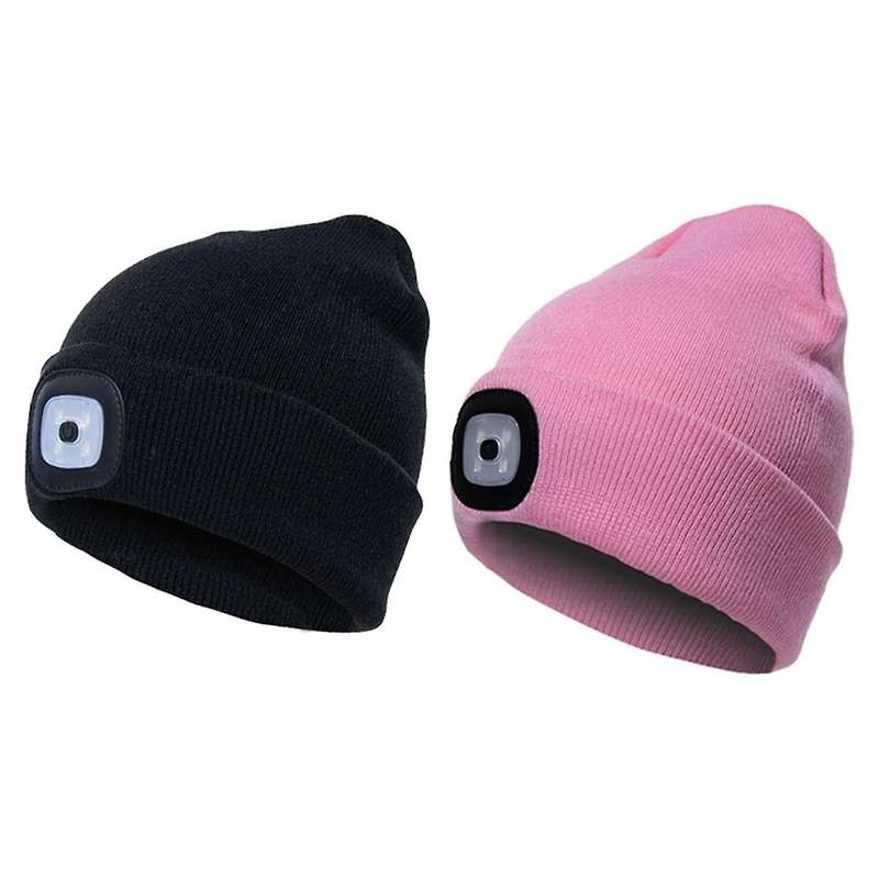 Led Hat, Knitted , Men Women, Warm Stocking Hat, Knitted Hat with Built-in Light, Headlight Hat,2pc