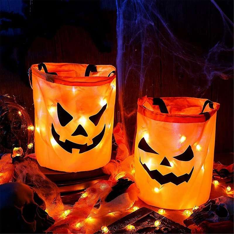 LED Light Halloween Candy Bags Halloween Pumpkin Candy Bags Reusable Bucket for Kids Halloween Suppl