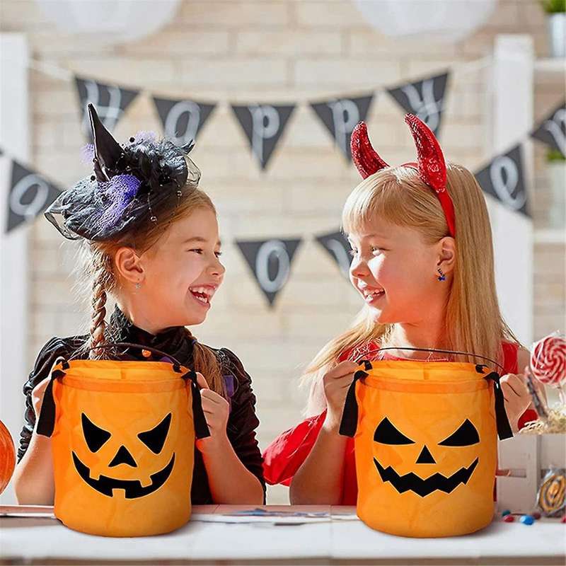 LED Light Halloween Candy Bags Halloween Pumpkin Candy Bags Reusable Bucket for Kids Halloween Suppl