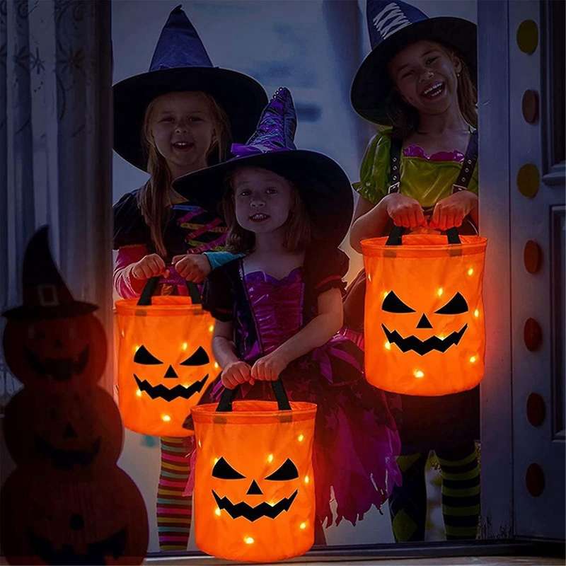 LED Light Halloween Candy Bags Halloween Pumpkin Candy Bags Reusable Bucket for Kids Halloween Suppl