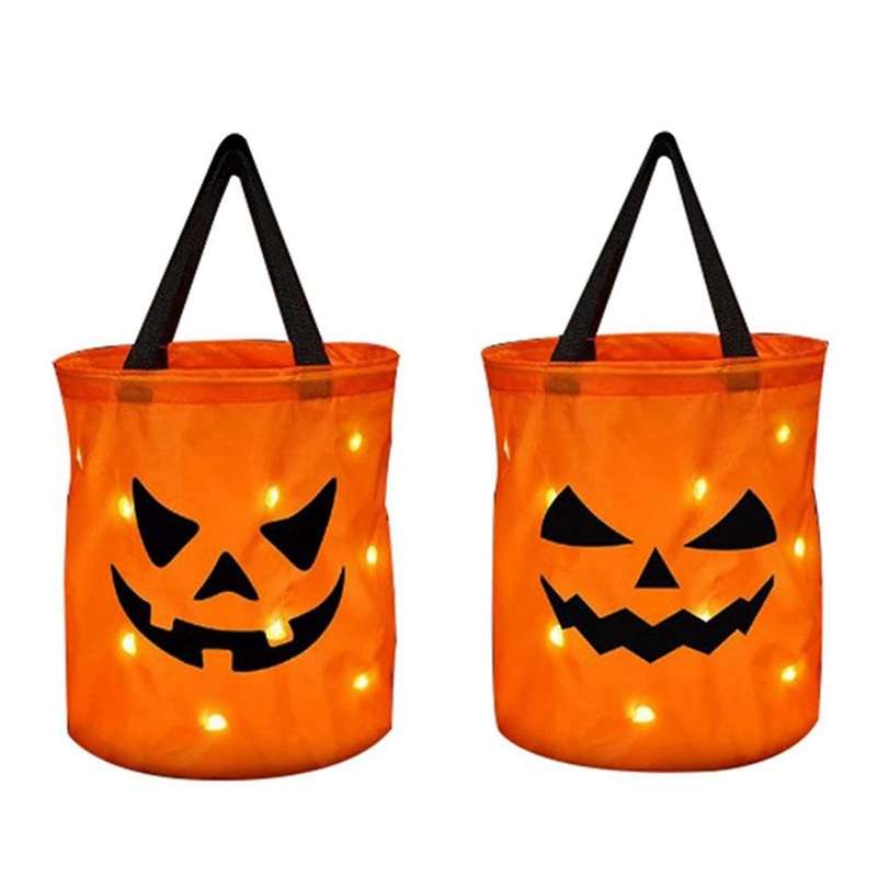 LED Light Halloween Candy Bags Halloween Pumpkin Candy Bags Reusable Bucket for Kids Halloween Suppl