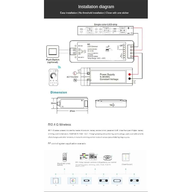 Led Light Strip Intelligent Dimming Monochrome Controller 2.4g Stepless Dimming Panel Remote Contro