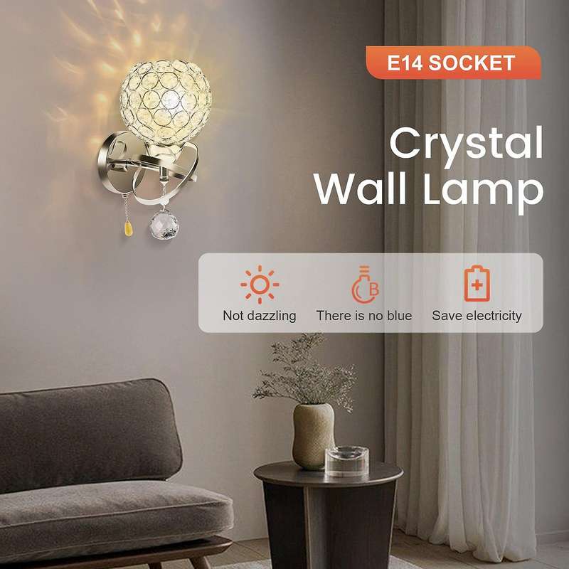 Led Modern Crystal Wall Lamp Sconce Light Bulb Bedroom Hallway Lighting Fixture, with On/off Pull S