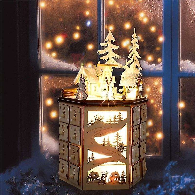 Led Revolving Music Box Calendar Decorated with Led Lights Wooden Carved 24 Day Countdown to Christm