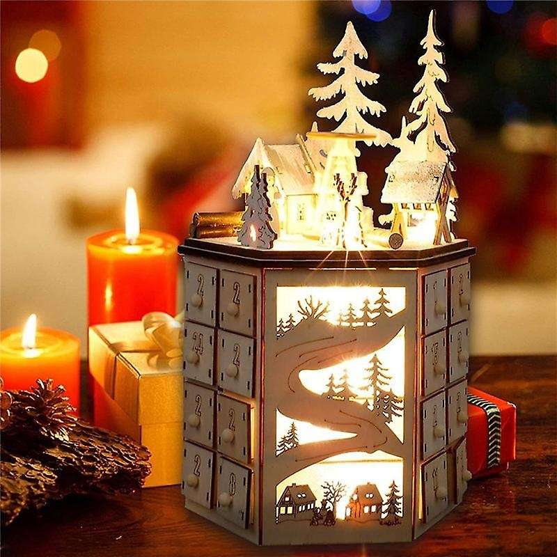 Led Revolving Music Box Calendar Decorated with Led Lights Wooden Carved 24 Day Countdown to Christm