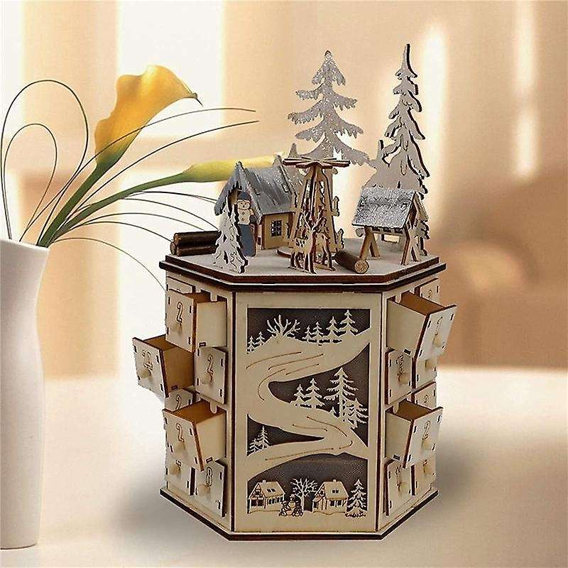 Led Revolving Music Box Calendar Decorated with Led Lights Wooden Carved 24 Day Countdown to Christm