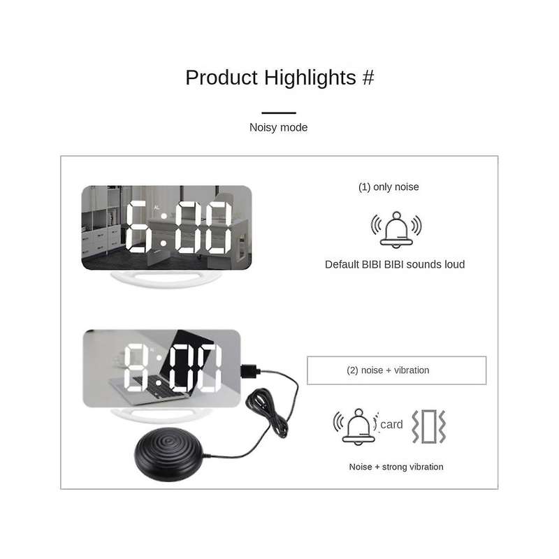 Led Vibrating Alarm Clock Simple Digital Mirror Huge Sound Vibration Alarm Clock