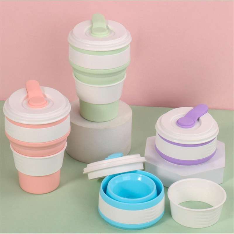 Light Blue Silicone Foldable Travel Cup-Camping Cup, Foldable Water Cup, Adult Drinking Cup with Li