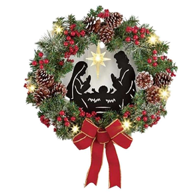 Lighted Nativity Scene Christmas Wreath with Led Light Battery Powered Front Door Decoration for Chr