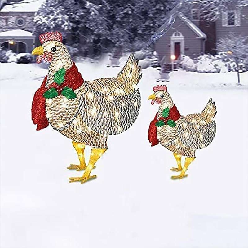 Light-Up Chicken with Scarf Chicken Set Decorations Metal Chicken Sculpture for Outdoor Garden