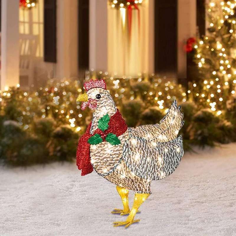 Light-Up Chicken with Scarf Chicken Set Decorations Metal Chicken Sculpture for Outdoor Garden