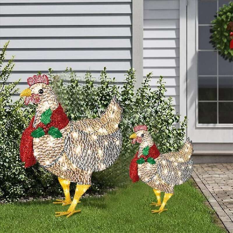 Light-Up Chicken with Scarf Chicken Set Decorations Metal Chicken Sculpture for Outdoor Garden