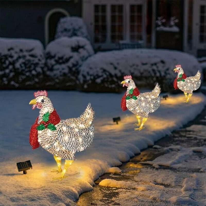 Light-Up Chicken with Scarf Chicken Set Decorations Metal Chicken Sculpture for Outdoor Garden