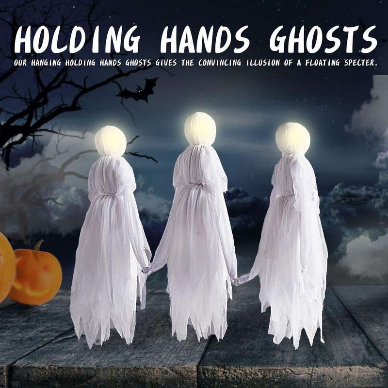 Light-Up White Witches Halloween Decoration Holding Hands Ghosts Set of 3