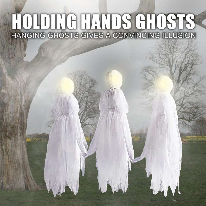 Light-Up White Witches Halloween Decoration Holding Hands Ghosts Set of 3