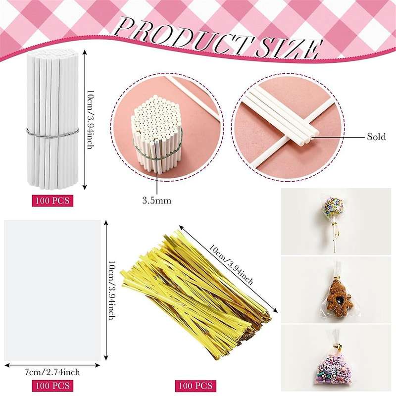 Lollipop Cake Stick Treat Bag Set Include 100 Bags 100 Treat Sticks Metallic Ties Meat Baller with