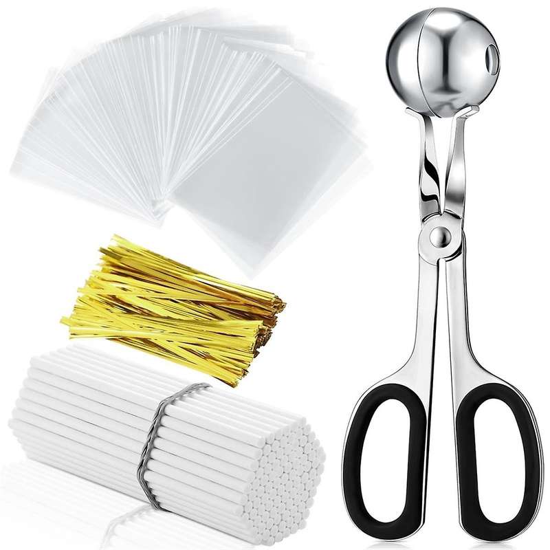 Lollipop Cake Stick Treat Bag Set Include 100 Bags 100 Treat Sticks Metallic Ties Meat Baller with