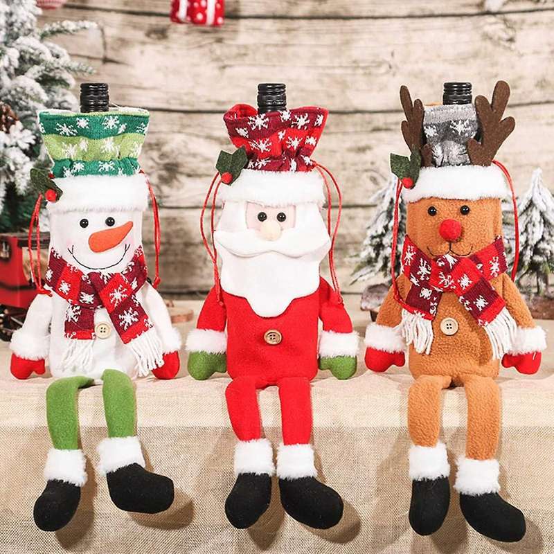 Long-Legged Santa Christmas Wine Bottle Cover Xmas Decor Wine Bottle Bags with Drawstrings Reusable,