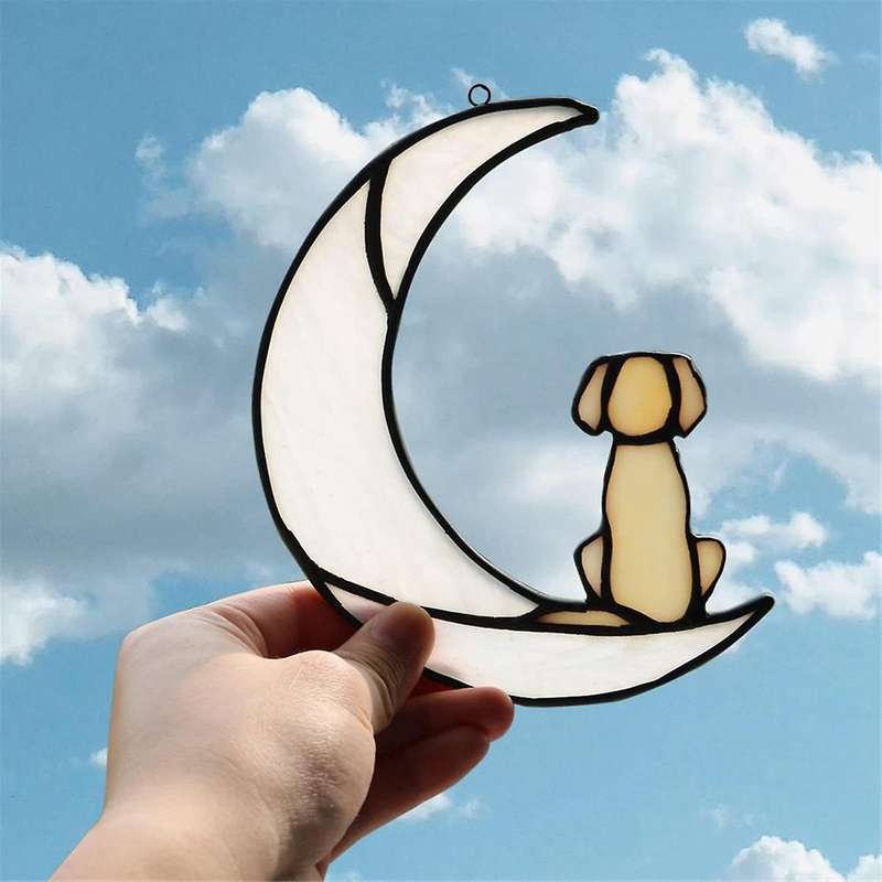 Loss of Dog Sympathy Gift, Stained Glass Dog on Moon for Suncatcher Gifts, Yellow Dog Memorial Gifts