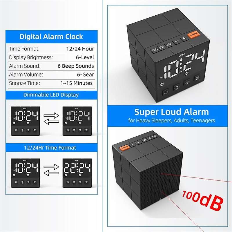 Loud Alarm Clock Bluetooth Speaker, Dimmable LED Display, Small Bedside Digital Clock for Bedroom Su