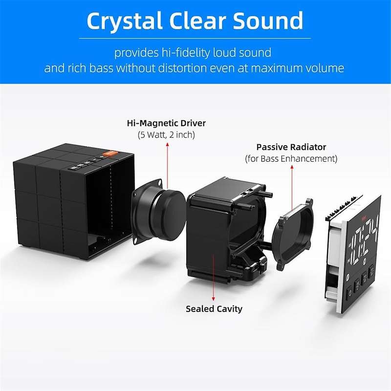 Loud Alarm Clock Bluetooth Speaker, Dimmable LED Display, Small Bedside Digital Clock for Bedroom Su