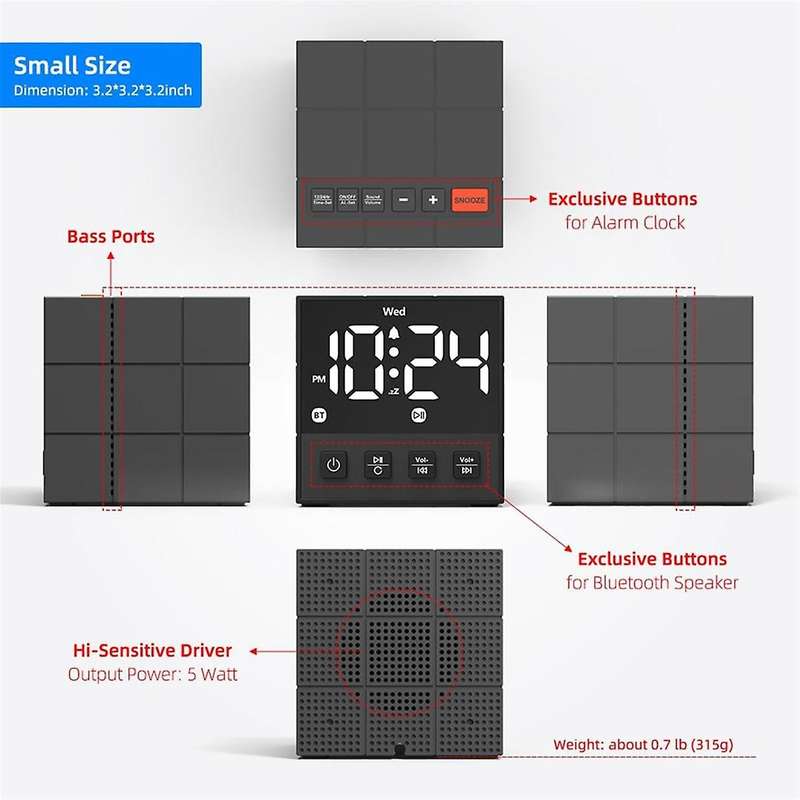 Loud Alarm Clock Bluetooth Speaker, Dimmable LED Display, Small Bedside Digital Clock for Bedroom Su