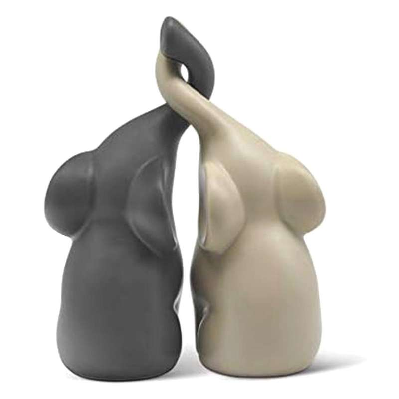 Loving Pair of Elephants in Beige & Grey - Modern Ceramic Sculpture - Figurine As A Set - Decoration