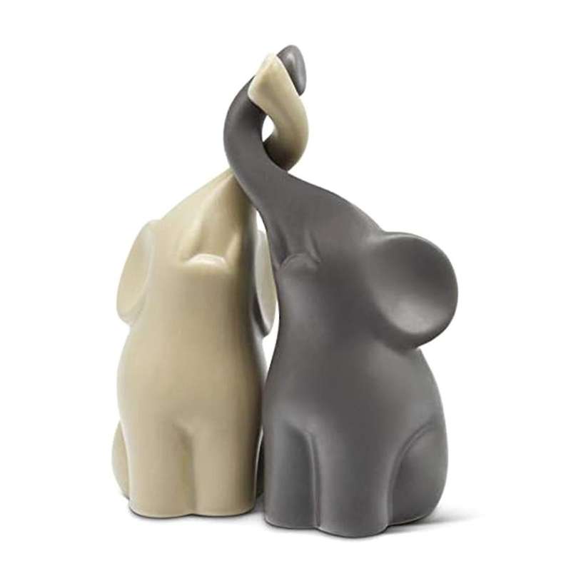 Loving Pair of Elephants in Beige & Grey - Modern Ceramic Sculpture - Figurine As A Set - Decoration