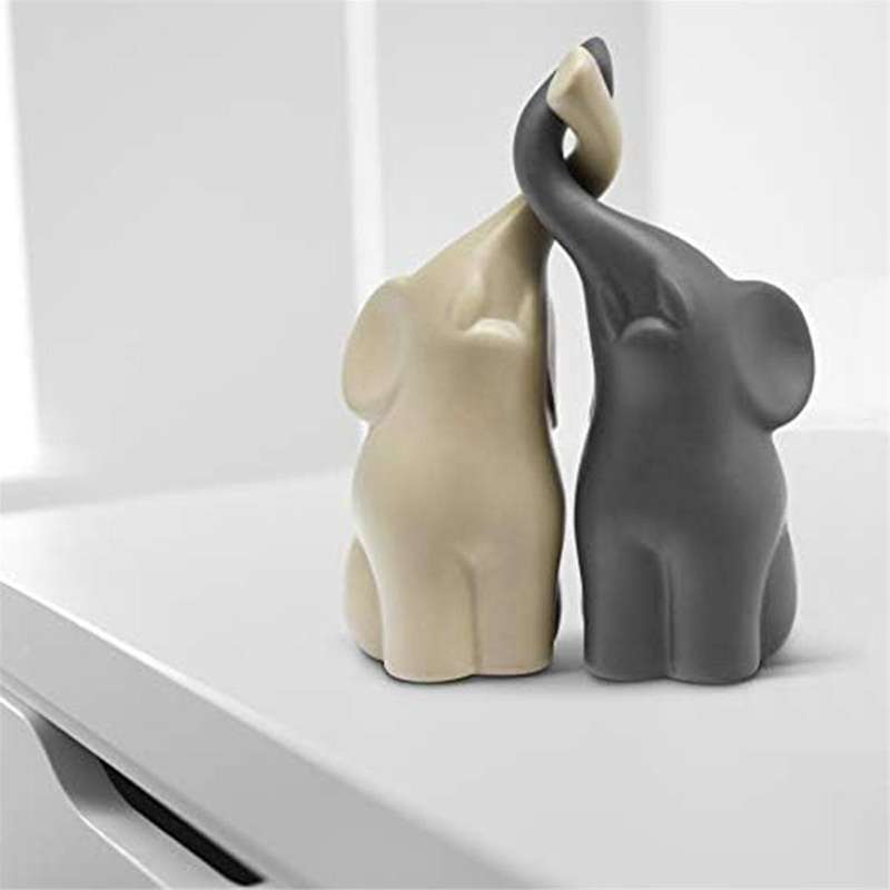 Loving Pair of Elephants in Beige & Grey - Modern Ceramic Sculpture - Figurine As A Set - Decoration