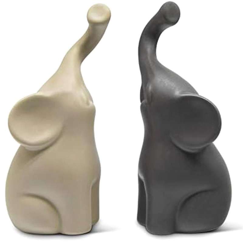 Loving Pair of Elephants in Beige & Grey - Modern Ceramic Sculpture - Figurine As A Set - Decoration