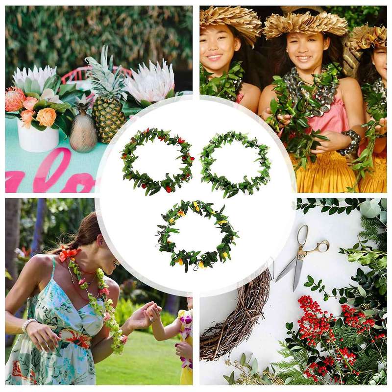Luau Leis 3 Pcs Artificial Flowers Tropical Hawaiian Leaf Necklaces