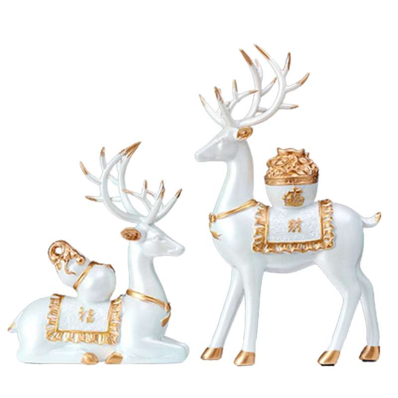 Lucky Deer Resin Sculpture Desktop Decoration Statue Home Gift Room Decoration Living Room 2PCS Whit