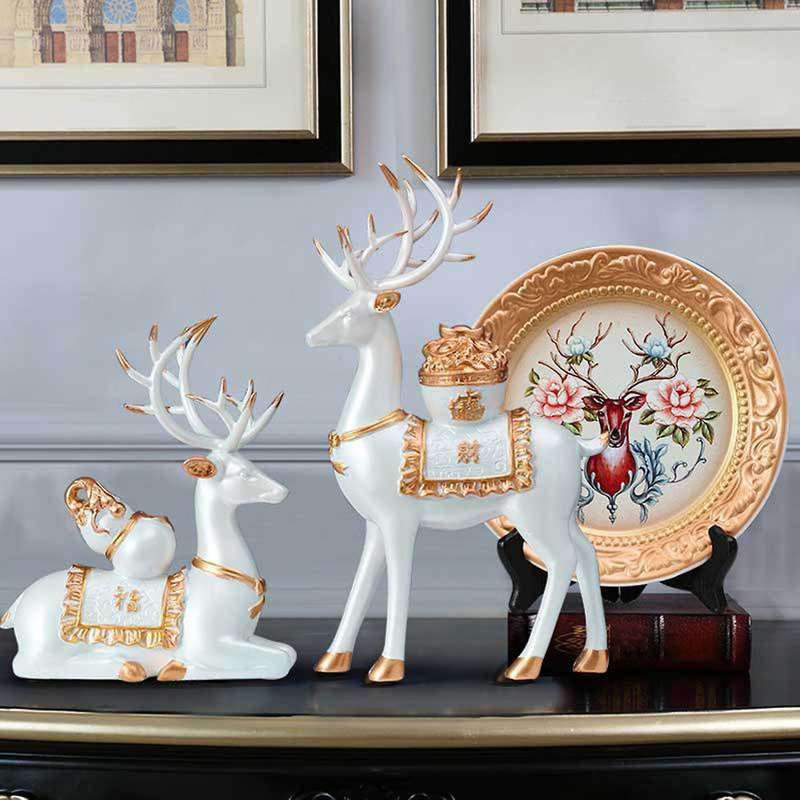 Lucky Deer Resin Sculpture Desktop Decoration Statue Home Gift Room Decoration Living Room 2PCS Whit