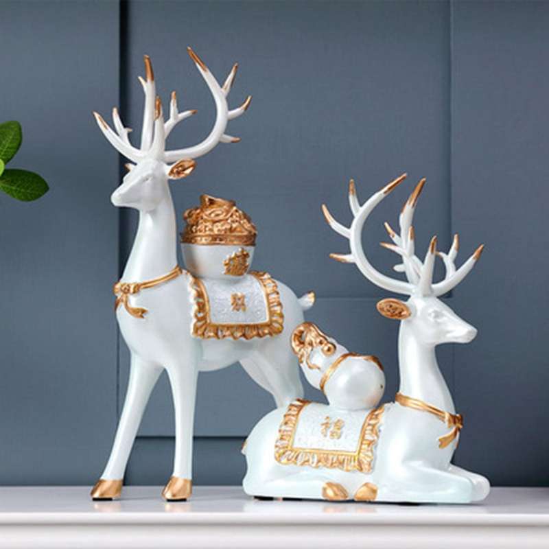 Lucky Deer Resin Sculpture Desktop Decoration Statue Home Gift Room Decoration Living Room 2PCS Whit