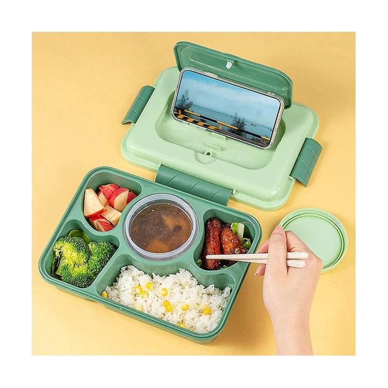 Lunch Box 1600ml 5 Compartment Bento Box Adult with Built-in Reusable Spoon Chopsticks Travel (gree