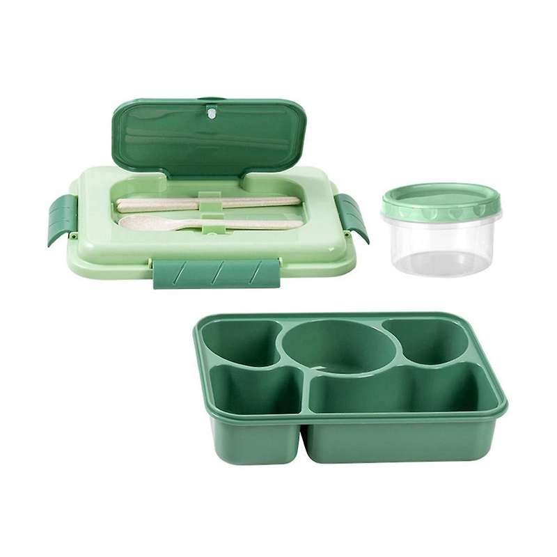 Lunch Box 1600ml 5 Compartment Bento Box Adult with Built-in Reusable Spoon Chopsticks Travel (gree