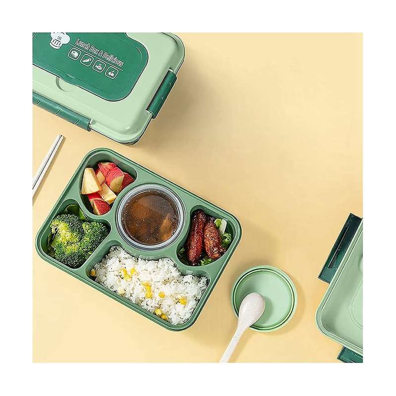 Lunch Box 1600ml 5 Compartment Bento Box Adult with Built-in Reusable Spoon Chopsticks Travel (gree